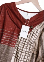 Wine Red tops,Geometric tops,Striped tops,ROTITA Button Geometric Print Wine Red Asymmetrical Neck T Shirt
