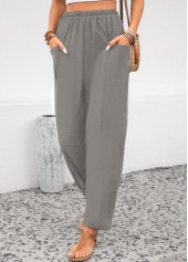 Light Grey bottoms,Plain Color bottoms,ROTITA Pocket Light Grey Elastic Waist High Waisted Pants