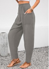 Light Grey bottoms,Plain Color bottoms,ROTITA Pocket Light Grey Elastic Waist High Waisted Pants