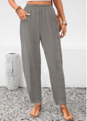Light Grey bottoms,Plain Color bottoms,ROTITA Pocket Light Grey Elastic Waist High Waisted Pants
