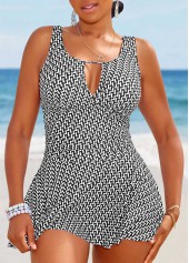 Black swimwear,Geometric swimwear,ROTITA Cut Out Black Geometric Print One Piece Swimdress