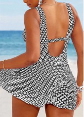 Black swimwear,Geometric swimwear,ROTITA Cut Out Black Geometric Print One Piece Swimdress