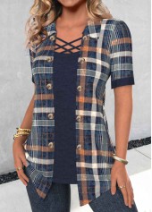 Navy plus size,Plaid plus size,Striped plus size,Geometric plus size,ROTITA Plus Size Fake 2in1 Navy Plaid Shirt Collar Blouse