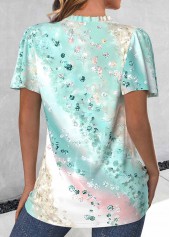 Mint Green tops,Ombre tops,ROTITA Ruched Ombre Mint Green V Neck Short Sleeve Blouse