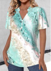 Mint Green tops,Ombre tops,ROTITA Ruched Ombre Mint Green V Neck Short Sleeve Blouse