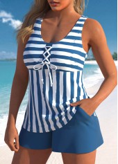 Blue swimwear,White swimwear,Striped swimwear,Geometric swimwear,ROTITA Lace Up Blue Striped Tankini Set