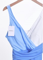 Dusty Blue swimwear,Light Blue swimwear,Contrast Color swimwear,ROTITA Patchwork Dusty Blue Ruched One Piece Swimdress