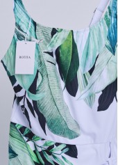 White swimwear,Green swimwear,Plants swimwear,ROTITA Tie White Tropical Plants Print One Piece Swimdress