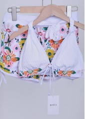 White swimwear,Floral swimwear,Plants swimwear,ROTITA Patchwork White Floral Print Bikini Set
