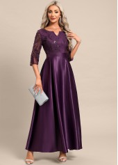Dark Reddish Purple dresses,Plain Color dresses,Party dresses,Elegant dresses,ROTITA Lace Dark Reddish Purple Maxi Split Neck Dress