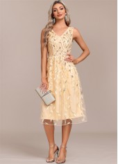 Champagne dresses,Plain Color dresses,Party dresses,Elegant dresses,ROTITA Embroidery Champagne V Neck Sleeveless Dress