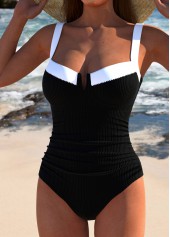 Black swimwear,Contrast Color swimwear,ROTITA Bowknot Cut Out Black One Piece Swimwear