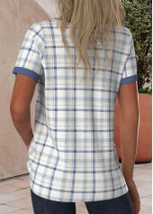 Blue tops,White tops,Plaid tops,ROTITA Button Plaid Blue Split Neck Short Sleeve T Shirt