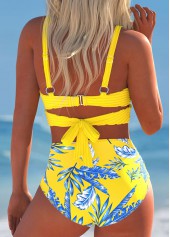 Yellow swimwear,Plants swimwear,ROTITA Surplice Yellow Tropical Plants Print Bikini Set