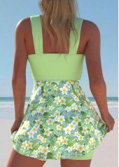 Light Green swimwear,Floral swimwear,Plants swimwear,ROTITA Surplice Light Green Floral Print Swimdress and Shorts