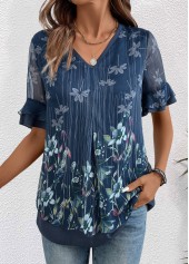 Navy tops,Floral tops,Plants tops,ROTITA Layered Floral Print Navy V Neck Short Sleeve Blouse