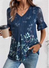 Navy tops,Floral tops,Plants tops,ROTITA Layered Floral Print Navy V Neck Short Sleeve Blouse