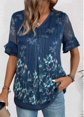 Rotita – Marineblaue Bluse mit V-Ausschnitt und kurzen Ärmeln und Blumenmuster in mehreren Lagen