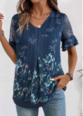 Navy tops,Floral tops,Plants tops,ROTITA Layered Floral Print Navy V Neck Short Sleeve Blouse
