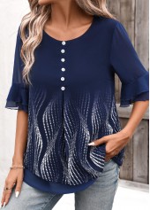 Navy tops,Ombre tops,ROTITA Layered Ombre Navy Round Neck Half Sleeve Blouse