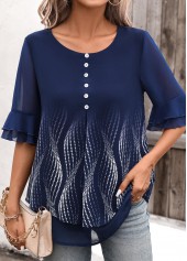Navy tops,Ombre tops,ROTITA Layered Ombre Navy Round Neck Half Sleeve Blouse