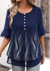 Navy tops,Ombre tops,ROTITA Layered Ombre Navy Round Neck Half Sleeve Blouse