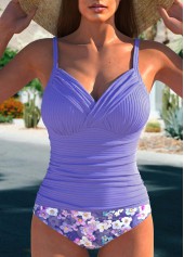 ensemble tankini à imprimé floral violet poussiéreux avec nœud papillon rotita