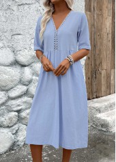Light Blue dresses,Plain Color dresses,Everyday dresses,Casual dresses,ROTITA Patchwork Light Blue V Neck Half Sleeve Dress