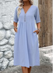 Light Blue dresses,Plain Color dresses,Everyday dresses,Casual dresses,ROTITA Patchwork Light Blue V Neck Half Sleeve Dress