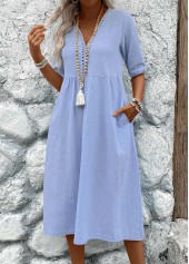 Light Blue dresses,Plain Color dresses,Everyday dresses,Casual dresses,ROTITA Patchwork Light Blue V Neck Half Sleeve Dress