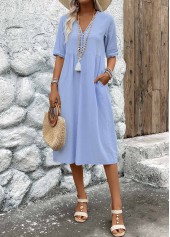 Light Blue dresses,Plain Color dresses,Everyday dresses,Casual dresses,ROTITA Patchwork Light Blue V Neck Half Sleeve Dress