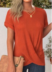 Terracotta tops,Plain Color tops,ROTITA Cross Hem Terracotta Round Neck Short Sleeve T Shirt