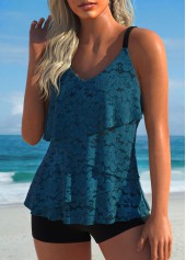 Peacock Blue swimwear,Plain Color swimwear,ROTITA Ruffle Asymmetric Peacock Blue Tankini Top