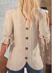 ROTITA Button Light Camel Round Neck 3/4 Sleeve Blouse
