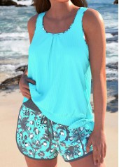 Rotita-Bowknot-Cyan-Tankini-Set mit tropischem Pflanzendruck