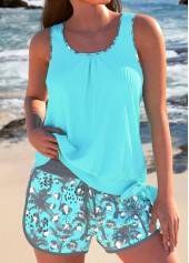 Cyan swimwear,Plants swimwear,ROTITA Bowknot Cyan Tropical Plants Print Tankini Set
