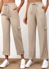 Light Camel bottoms,Plain Color bottoms,Drawstring Light Camel Elastic Waist High Waisted Pants