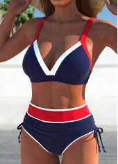 Navy swimwear,Contrast Color swimwear,ROTITA Contrast Binding Navy High Waisted Bikini Set