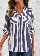 Navy tops,Striped tops,Geometric tops,ROTITA Button Striped Navy 3/4 Sleeve Shirt