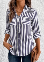 Navy tops,Striped tops,Geometric tops,ROTITA Button Striped Navy 3/4 Sleeve Shirt
