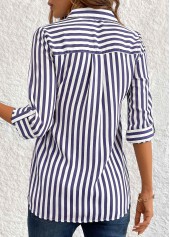 Navy tops,Striped tops,Geometric tops,ROTITA Button Striped Navy 3/4 Sleeve Shirt