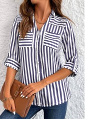 Navy tops,Striped tops,Geometric tops,ROTITA Button Striped Navy 3/4 Sleeve Shirt