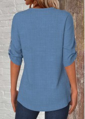 Denim Blue tops,Plain Color tops,ROTITA Button Denim Blue Split Neck 3/4 Sleeve Blouse