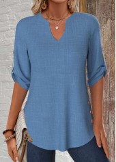Denim Blue tops,Plain Color tops,ROTITA Button Denim Blue Split Neck 3/4 Sleeve Blouse