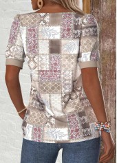 Light Pink tops,Geometric tops,Tribal tops,ROTITA Patchwork Geometric Print Light Pink Asymmetrical Neck T Shirt