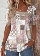 ROTITA Patchwork Geometric Print Light Pink Asymmetrical Neck T Shirt