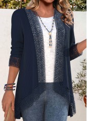 Navy tops,Plain Color tops,ROTITA Embroidery Navy Long Sleeve Light Cardigan