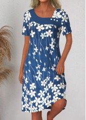 Blue dresses,Floral dresses,Plants dresses,Everyday dresses,Casual dresses,ROTITA Asymmetry Floral Print Blue A Line Asymmetrical Neck Dress