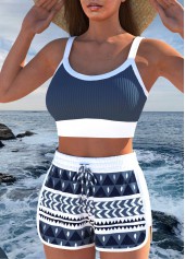 Dark Blue swimwear,Geometric swimwear,Striped swimwear,ROTITA Contrast Binding Dark Blue Geometric Print Bikini Set