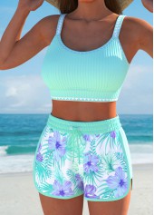 Mint Green swimwear,Floral swimwear,Plants swimwear,ROTITA Contrast Binding Mint Green Floral Print Bikini Set